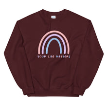 Load image into Gallery viewer, Your Life Matters Rainbow Sweatshirt in Maroon  Color 
