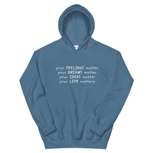 Load image into Gallery viewer, Your Life Matters Hoodie in Indigo Blue Color 
