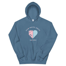 Load image into Gallery viewer, Your Mental Health Matters Heart Hoodie in Indigo Blue color
