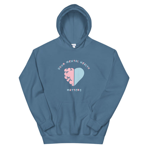 Your Mental Health Matters Heart Hoodie in Indigo Blue color